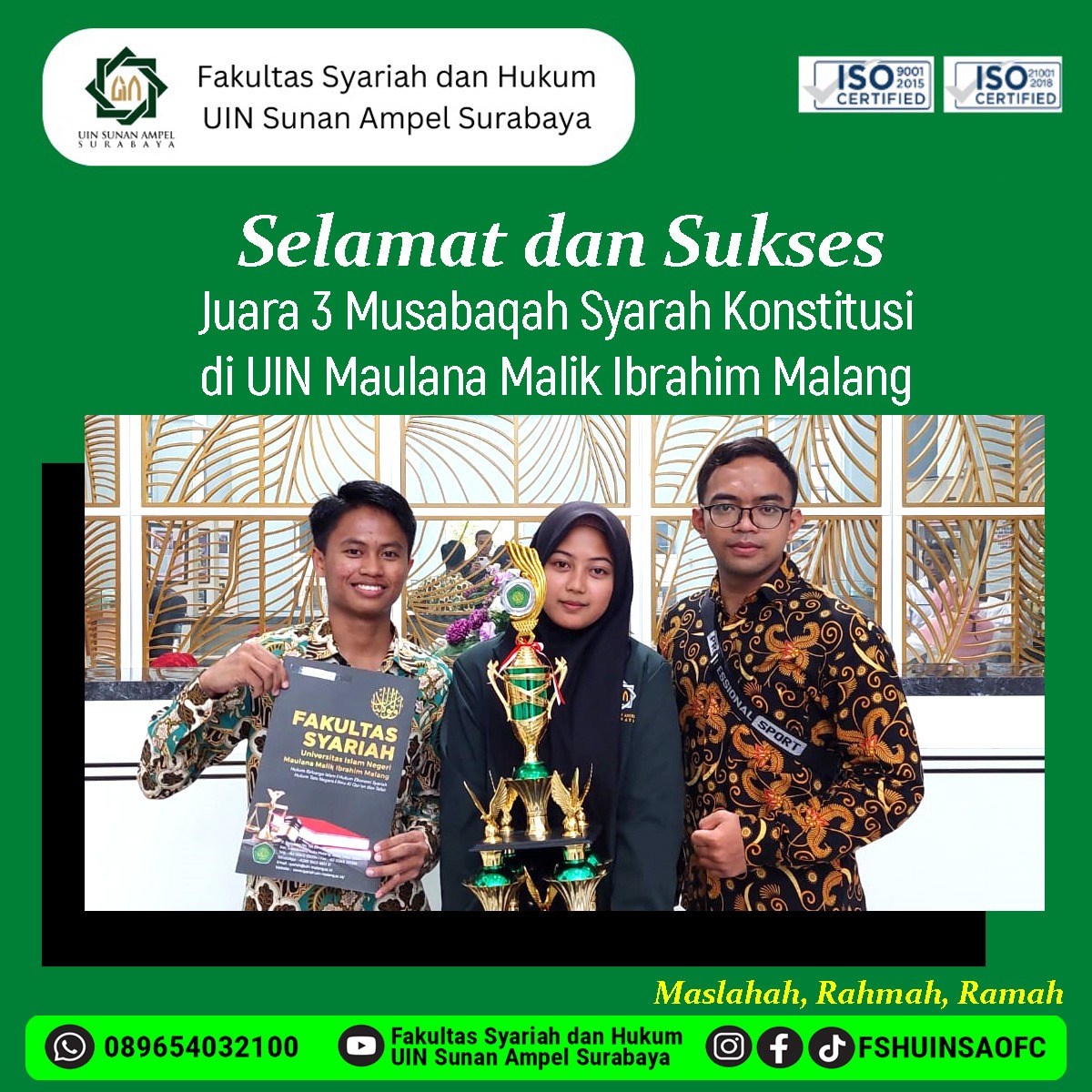 Mahasiswa UINSA Raih Juara 3 Musabaqoh Syarah Konstitusi Tingkat Nasional di UIN Malang